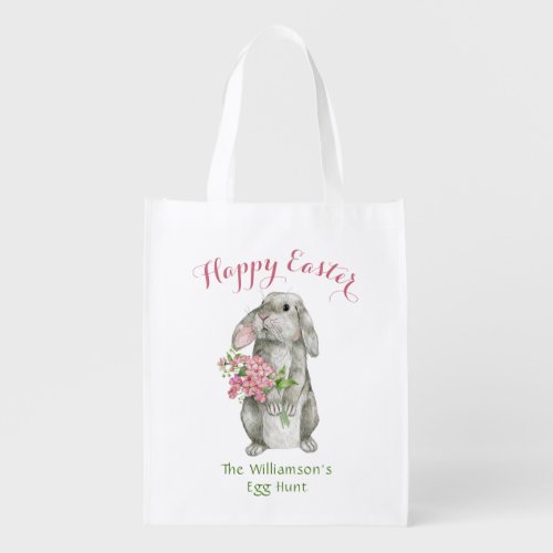 Watercolor Easter Bunny Pink Bouquet Egg Hunt Grocery Bag