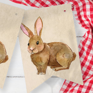 Watercolor Easter Bunny Rabbit. Bunting Flags