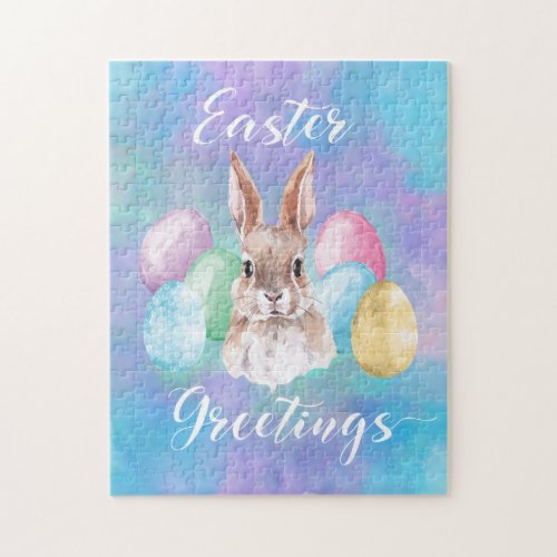 Watercolor Easter Bunny Rabbit with Eggs Jigsaw Puzzle