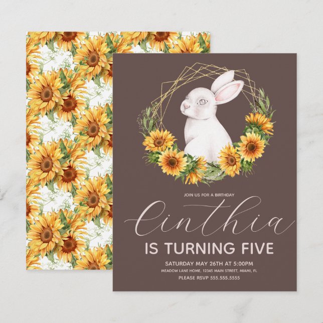 Watercolor Easter Bunny Sunflower Florals Invitation (Front/Back)