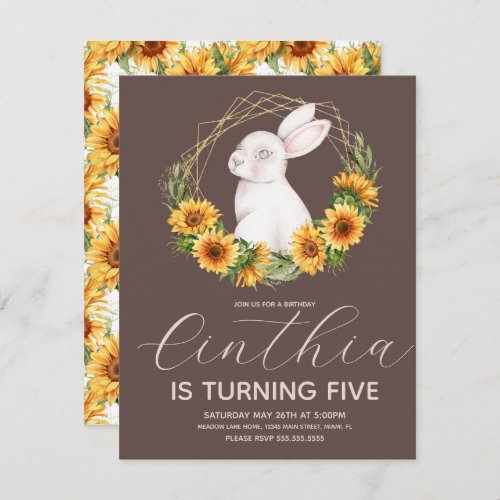 Watercolor Easter Bunny Sunflower Florals Invitation