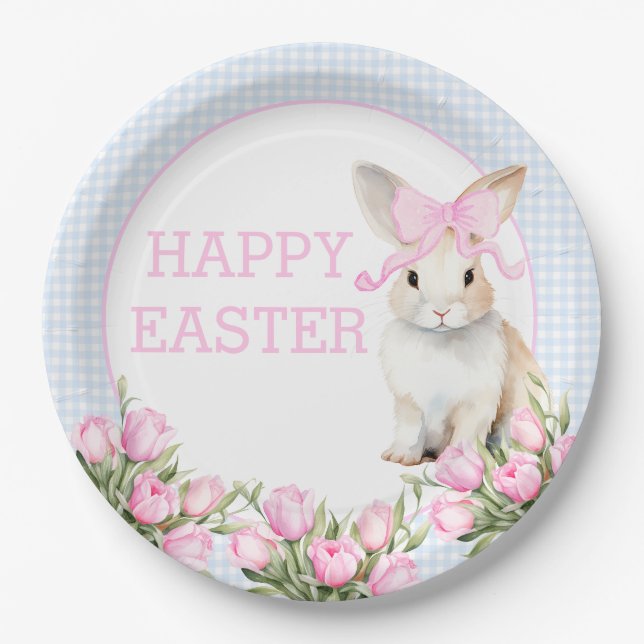 Watercolor Easter bunny tulips Paper Plates (Front)
