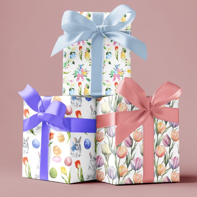 Watercolor Easter Bunny Tulips  Wrapping Paper Sheets (Creator Uploaded)