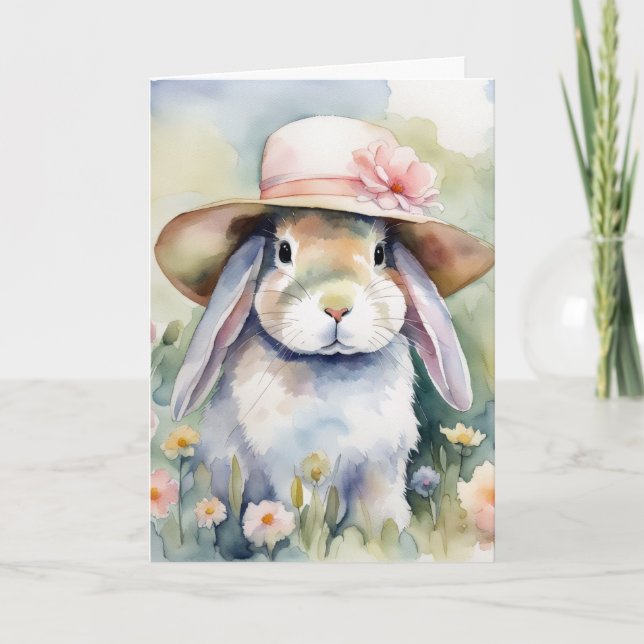 Watercolor Easter Bunny With Bonnet Card (Front)