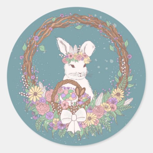 Watercolor Easter Bunny Wreath Art Classic Round Sticker