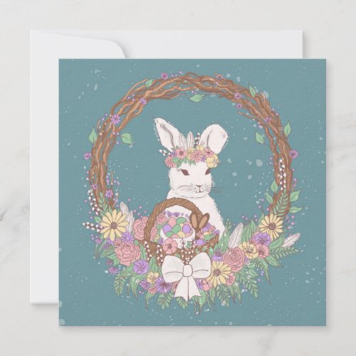 Watercolor Easter Bunny Wreath Art Holiday Card