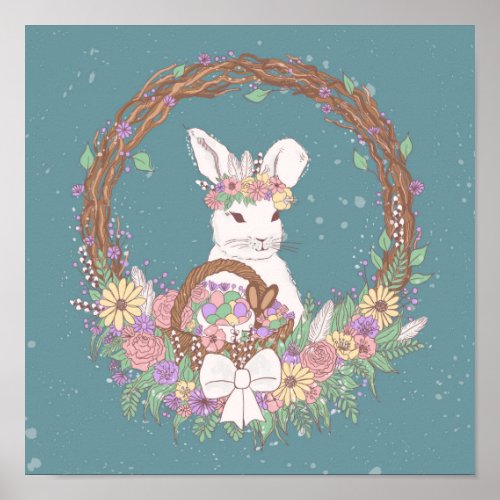 Watercolor Easter Bunny Wreath Art Poster