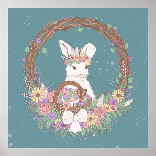 Watercolor Easter Bunny Wreath Art Poster