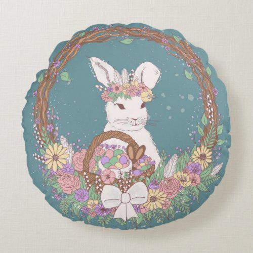 Watercolor Easter Bunny Wreath Art Round Pillow