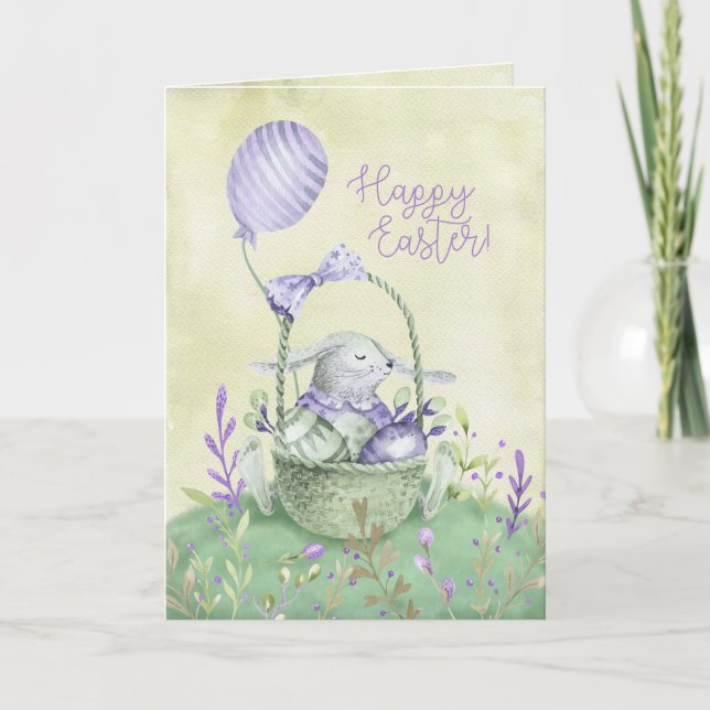 Watercolor Easter Card Bunny and Eggs Basket (Front)