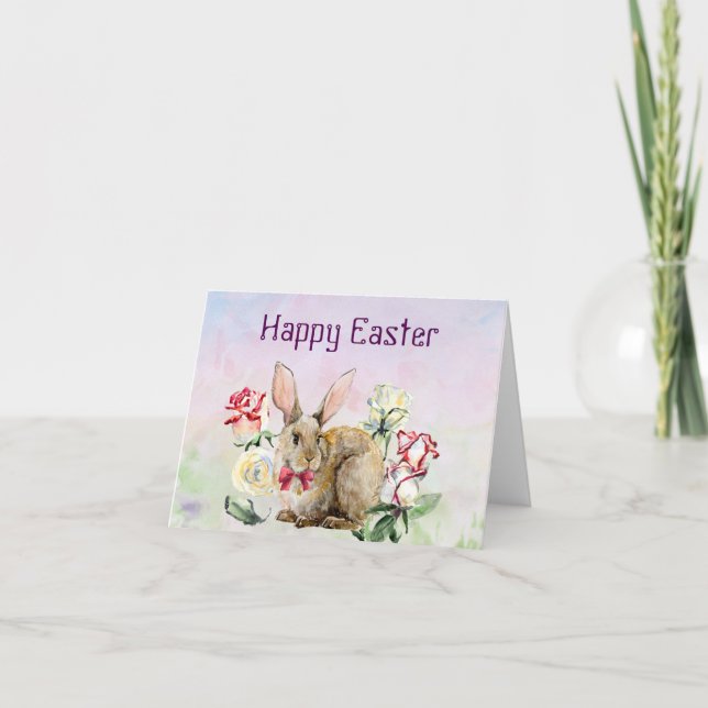 Watercolor Easter Card with Bunny and Flowers (Front)