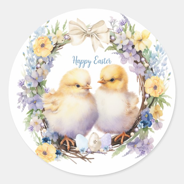Watercolor Easter Chick Personalized Classic Round Sticker (Front)