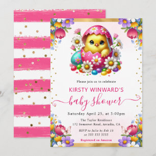 Watercolor Easter Chick Spring Flowers Baby Shower Invitation
