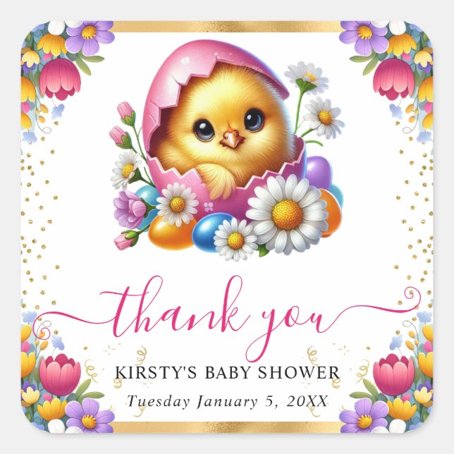 Watercolor Easter Chick Spring Flowers Baby Shower Square Sticker (Front)