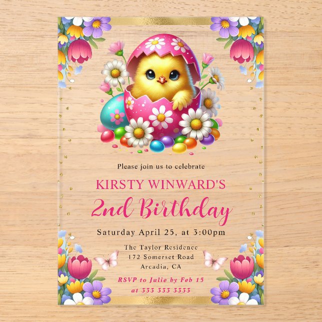 Watercolor Easter Chick Spring Flowers Birthday Acrylic Invitations (Front)
