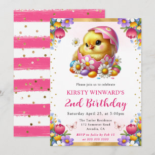 Watercolor Easter Chick Spring Flowers Birthday Invitation