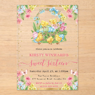 Watercolor Easter Chicks and Eggs Spring Sweet 16 Acrylic Invitations