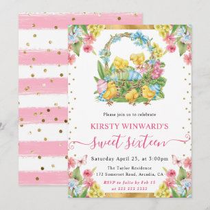 Watercolor Easter Chicks and Eggs Spring Sweet 16 Invitation