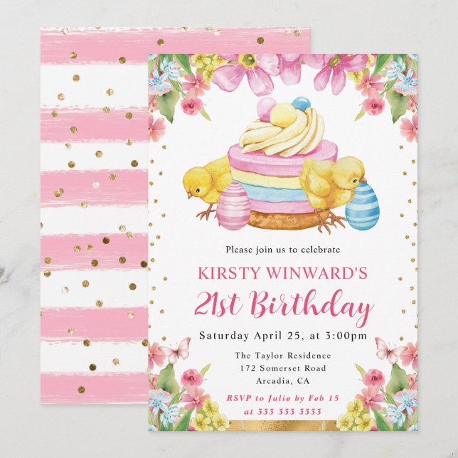 Watercolor Easter Chicks Spring 21st Birthday Invitation (Front/Back)