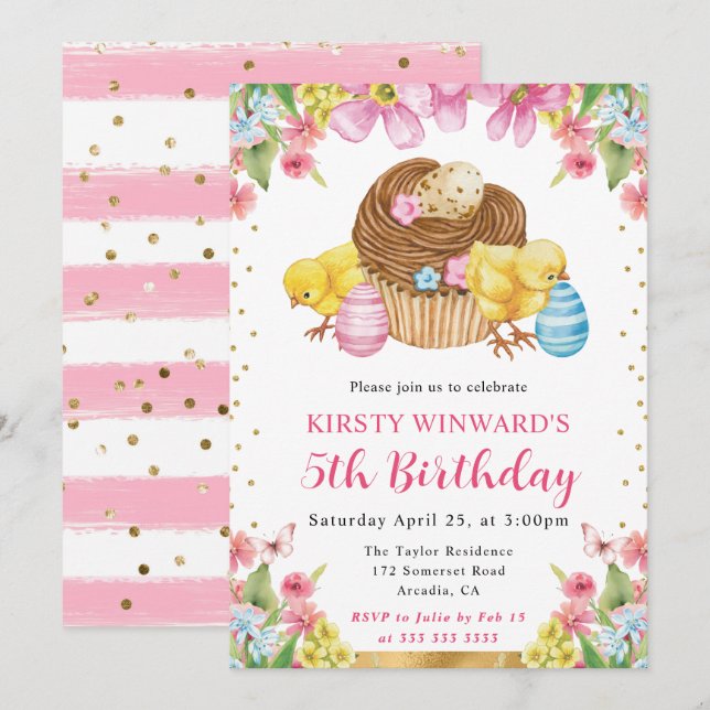 Watercolor Easter Chicks Spring 5th Birthday Invitation (Front/Back)