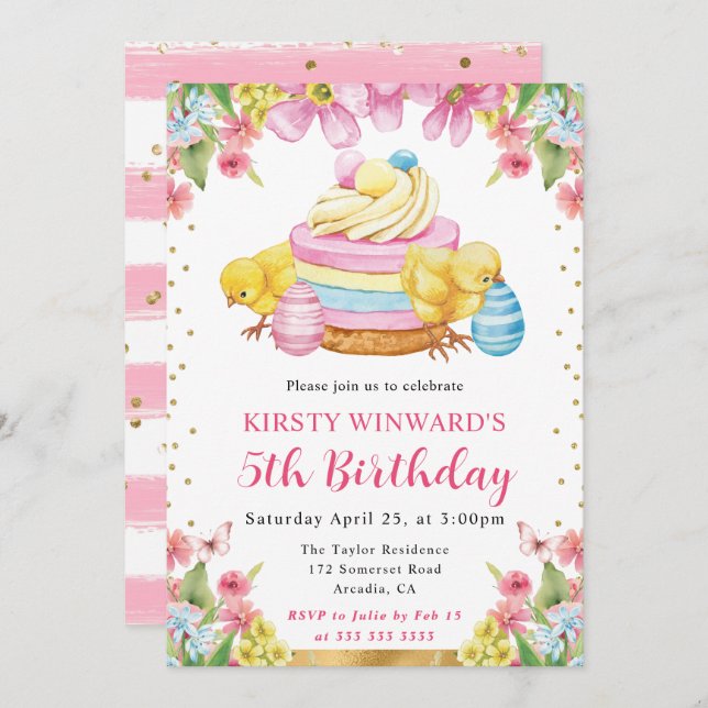 Watercolor Easter Chicks Spring 5th Birthday Invitation (Front/Back)