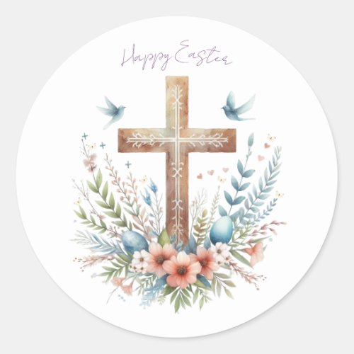 Watercolor Easter Cross Personalized Classic Round Sticker