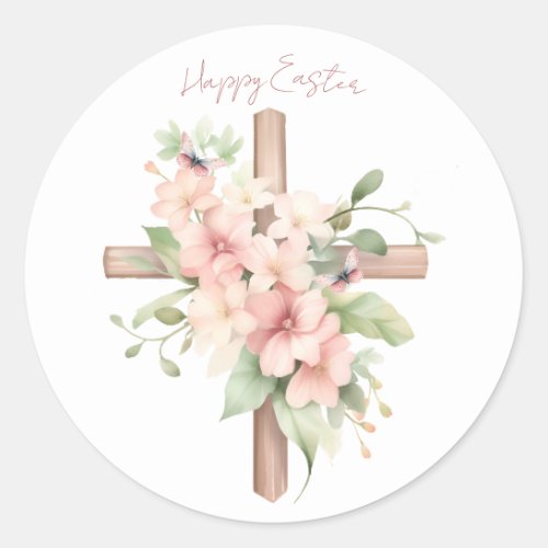 Watercolor Easter Cross Personalized Classic Round Sticker