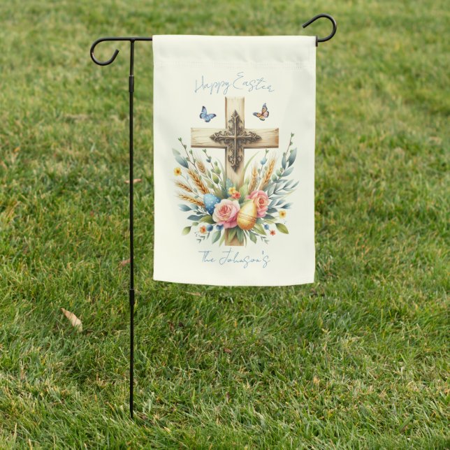 Watercolor Easter Cross Personalized Garden Flag (In SItu)