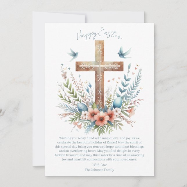 Watercolor Easter Cross Personalized Holiday Card (Front)