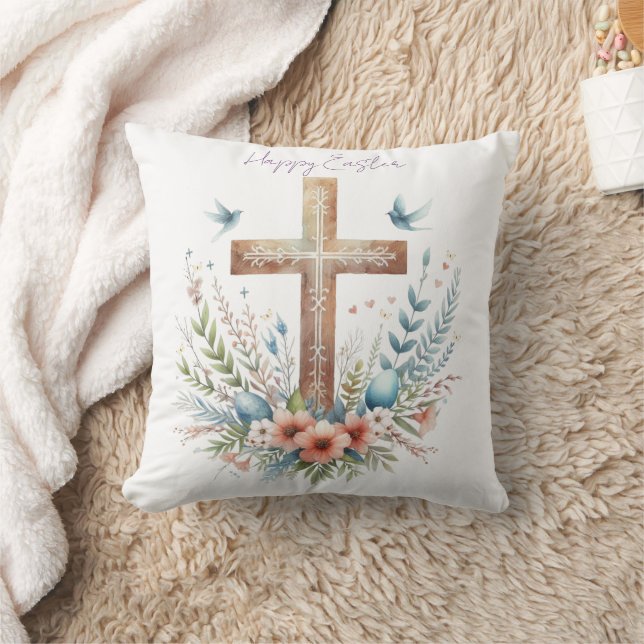 Watercolor Easter Cross Personalized Throw Pillow (Blanket)