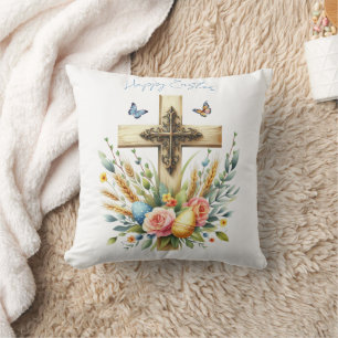 Watercolor Easter Cross Personalized Throw Pillow