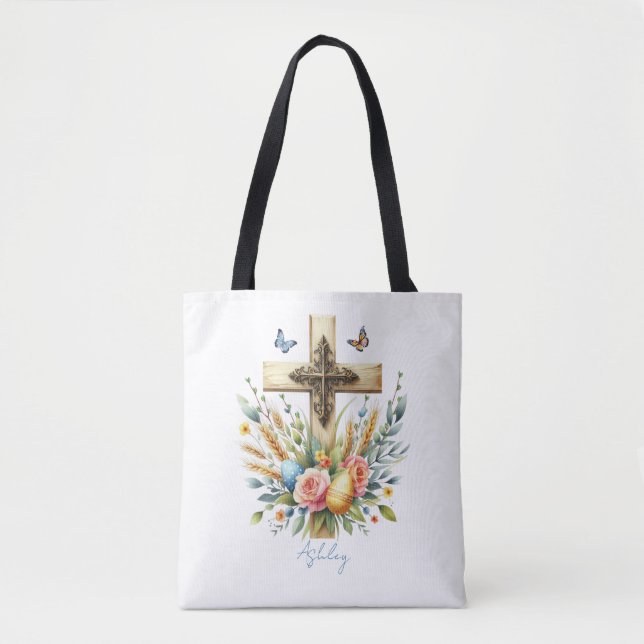 Watercolor Easter Cross Personalized Tote Bag (Front)