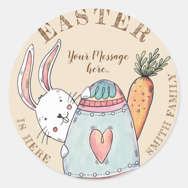Watercolor Easter Egg and Easter Bunny Classic Round Sticker (Front)
