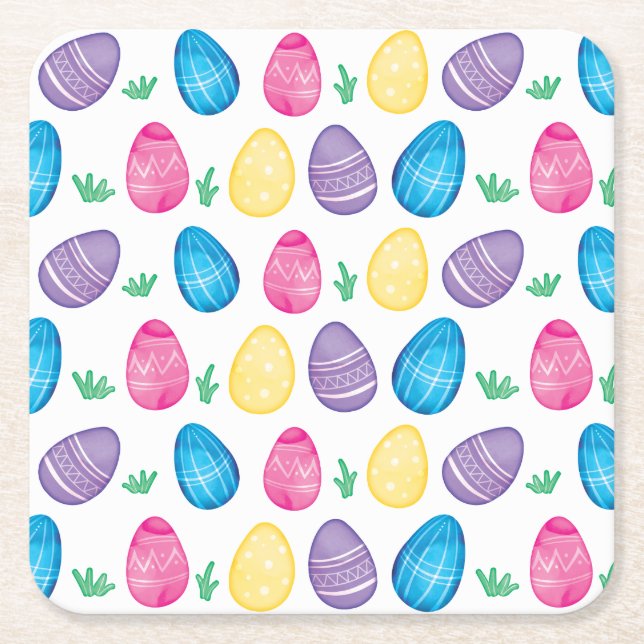 Watercolor Easter Egg Hunt Pattern Square Paper Coaster (Front)