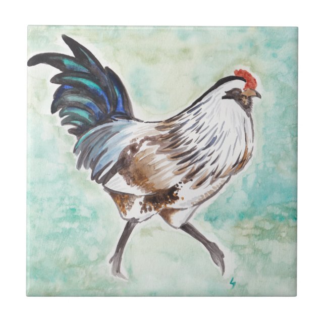 Watercolor Easter Egger Rooster Ceramic Tile (Front)