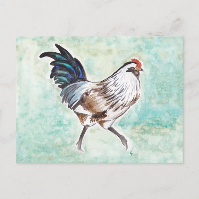 Watercolor Easter Egger Rooster Holiday Postcard (Front)