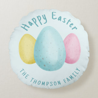 Watercolor Easter Eggs Blue Happy Easter Round Pillow