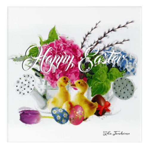 Watercolor Easter Eggs Ducklings  Spring Flowers Acrylic Print