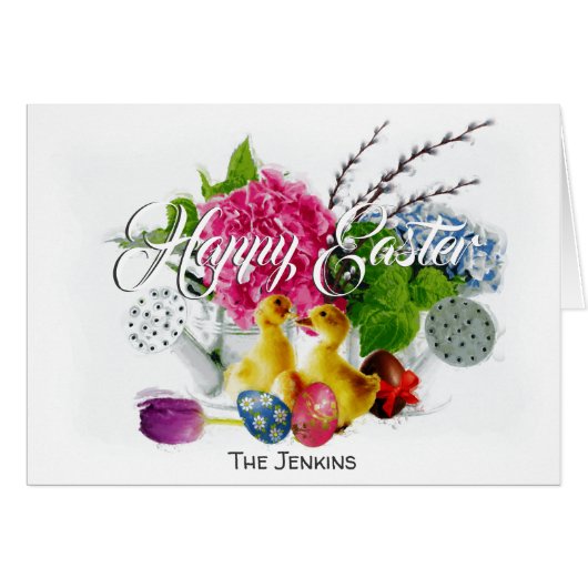 Watercolor Easter Eggs, Ducklings & Spring Flowers Cards (Front Horizontal)