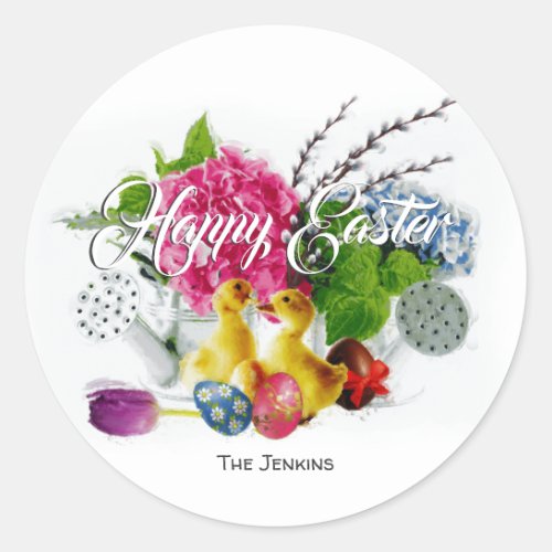 Watercolor Easter Eggs Ducklings  Spring Flowers Classic Round Sticker
