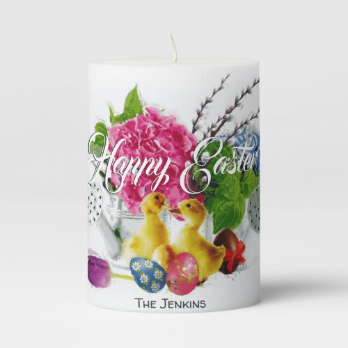 Watercolor Easter Eggs Ducklings  Spring Flowers Pillar Candle