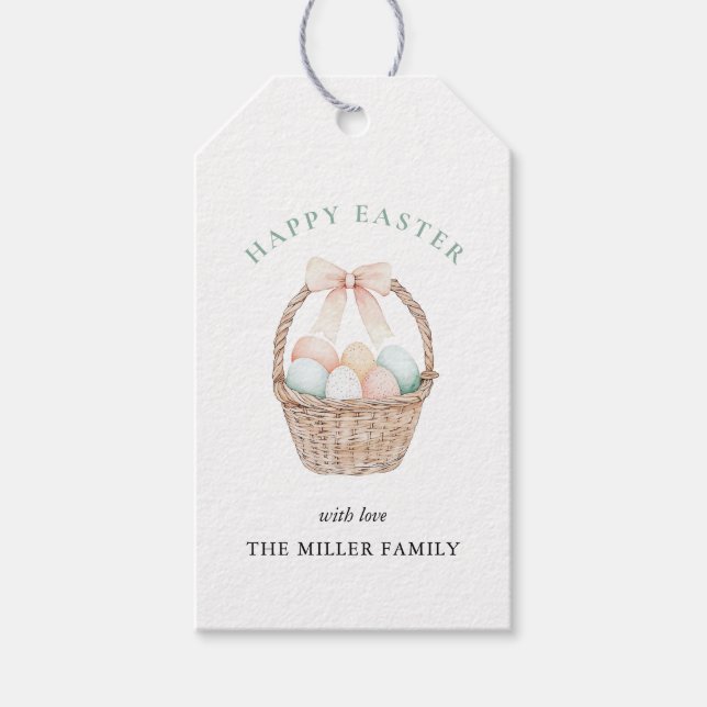 Watercolor Easter eggs in Basket Happy Easter Gift Tags (Front)