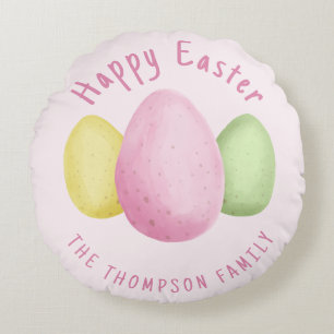 Watercolor Easter Eggs Pink Happy Easter Round Pillow