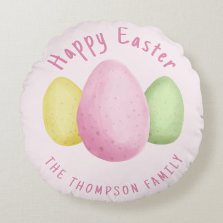 Watercolor Easter Eggs Pink Happy Easter Round Pillow