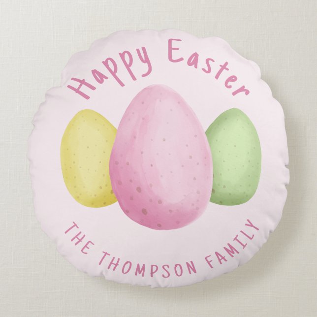 Watercolor Easter Eggs Pink Happy Easter Round Pillow (Front)
