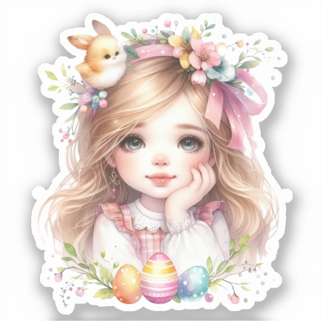 Watercolor Easter girl Sticker (Front)