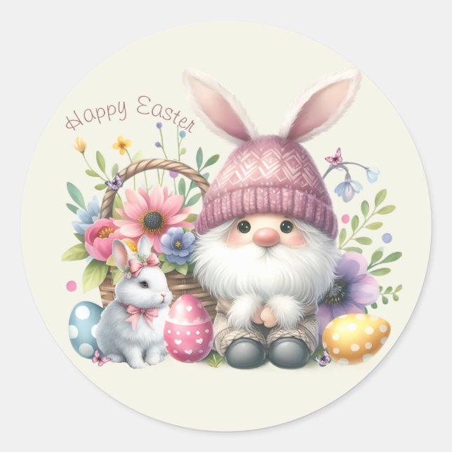 Watercolor Easter Gnome Personalized Classic Round Sticker (Front)
