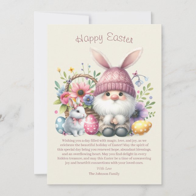Watercolor Easter Gnome Personalized Holiday Card (Front)