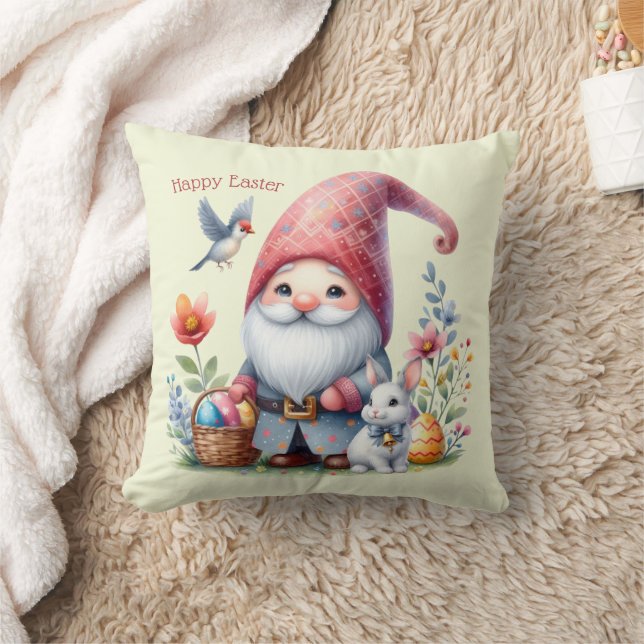 Watercolor Easter Gnome Personalized Throw Pillow (Blanket)
