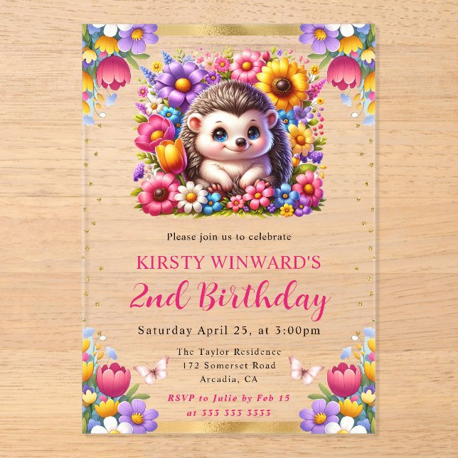 Watercolor Easter Hedgehog Spring Flowers Birthday Acrylic Invitations (Front)